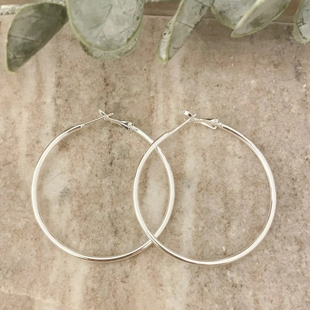925 Sterling Silver Hoop Earrings Large Thin Silver Hoops Modern Earrings